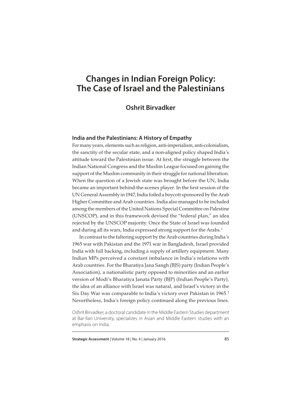 Changes in Indian Foreign Policy: the Case of Israel and the Palestinians