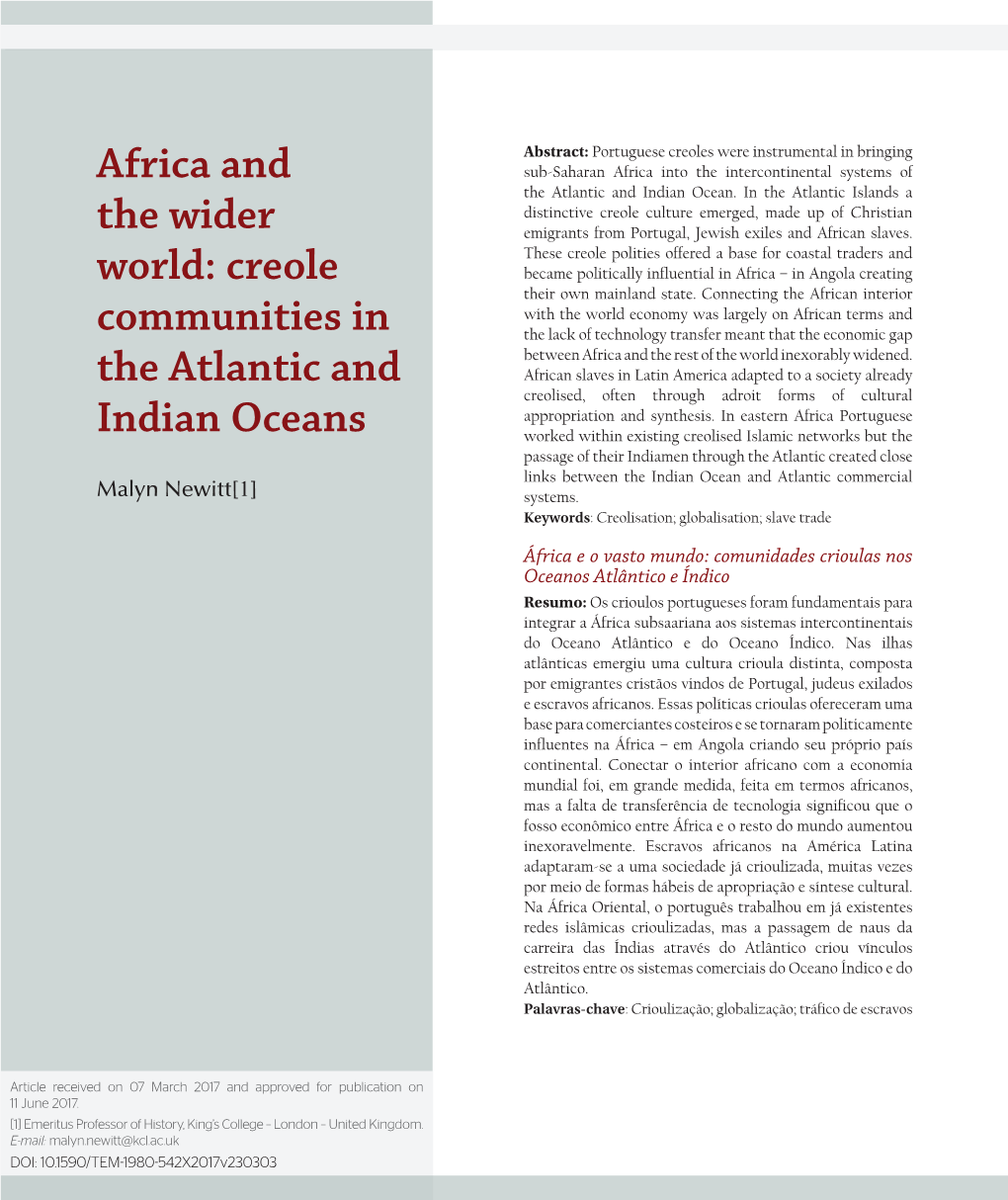 Africa and the Wider World: Creole Communities in the Atlantic And