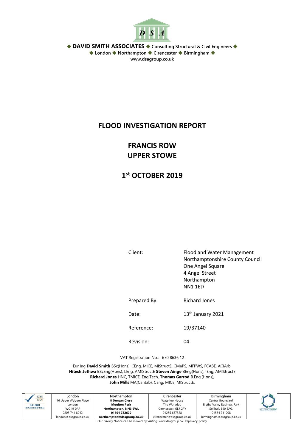 FLOOD INVESTIGATION REPORT FRANCIS ROW UPPER STOWE 1St