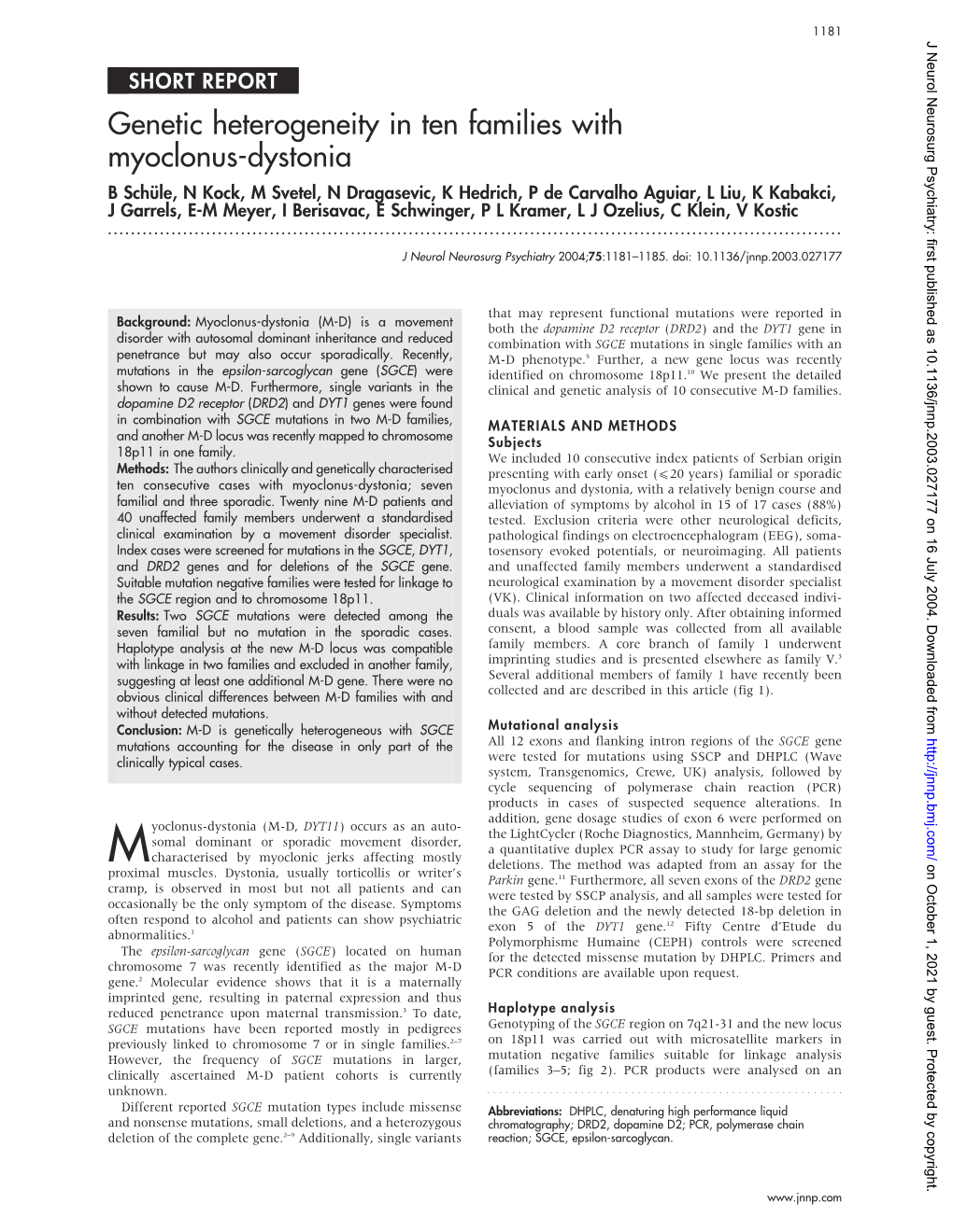 Genetic Heterogeneity in Ten Families with Myoclonus-Dystonia