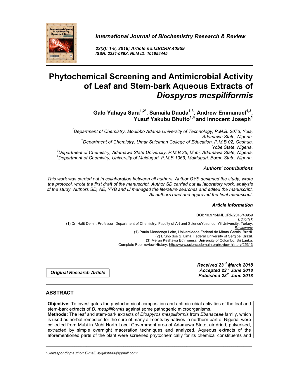 Phytochemical Screening and Antimicrobial Activity of Leaf and Stem-Bark Aqueous Extracts of Diospyros Mespiliformis