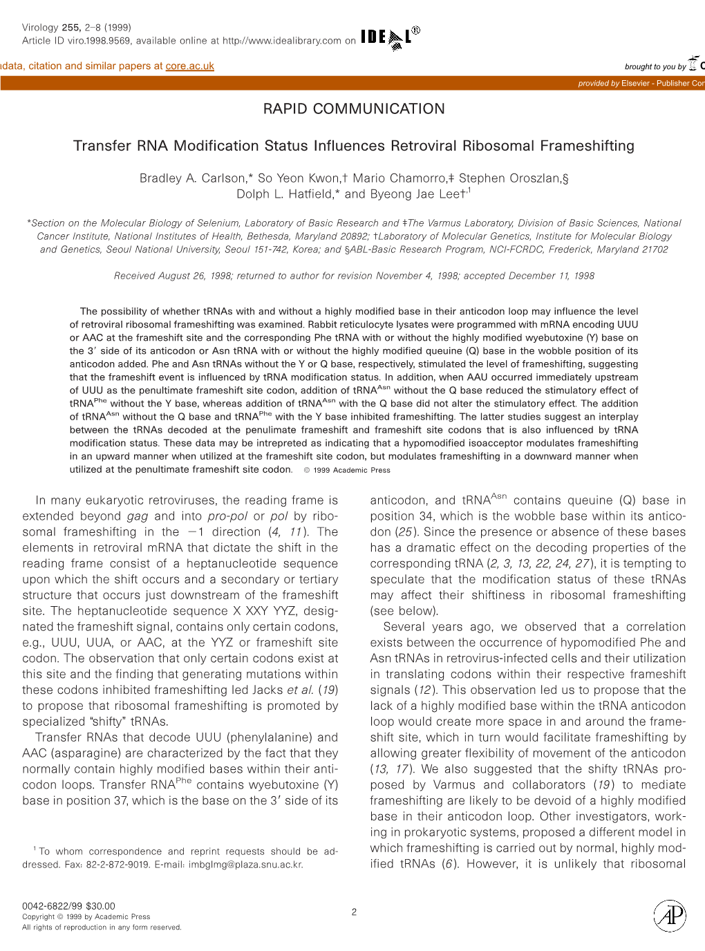 Transfer RNA Modification Status Influences Retroviral Ribosomal Frameshifting