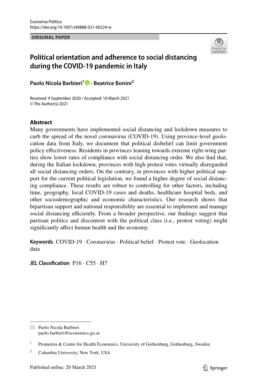 Political Orientation and Adherence to Social Distancing During the COVID-19 Pandemic in Italy