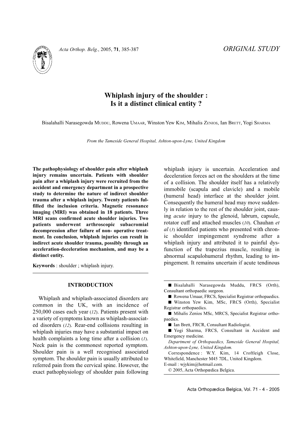 ORIGINAL STUDY Whiplash Injury of the Shoulder