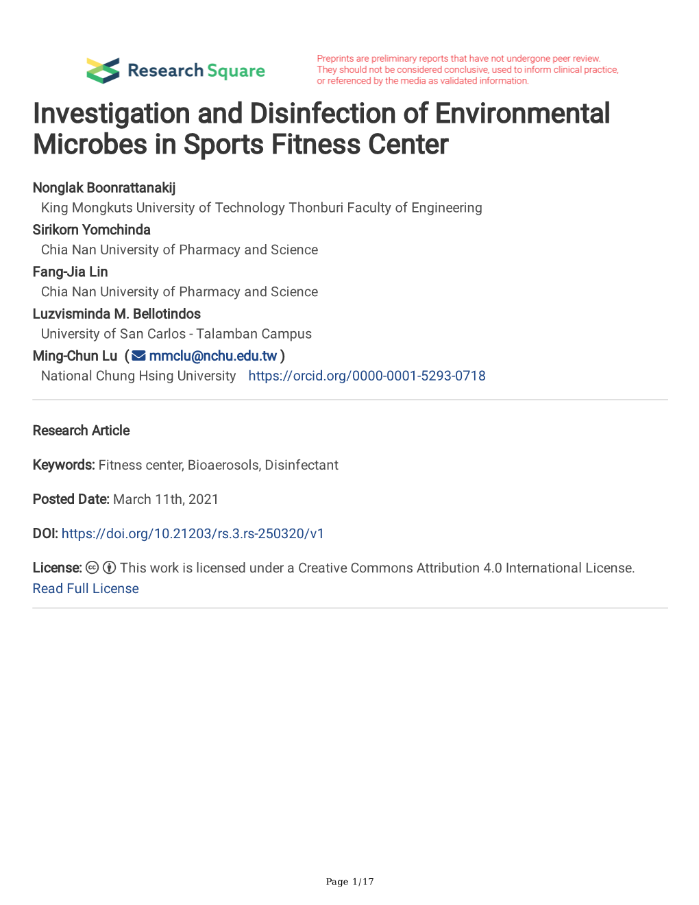 Investigation and Disinfection of Environmental Microbes in Sports Fitness Center