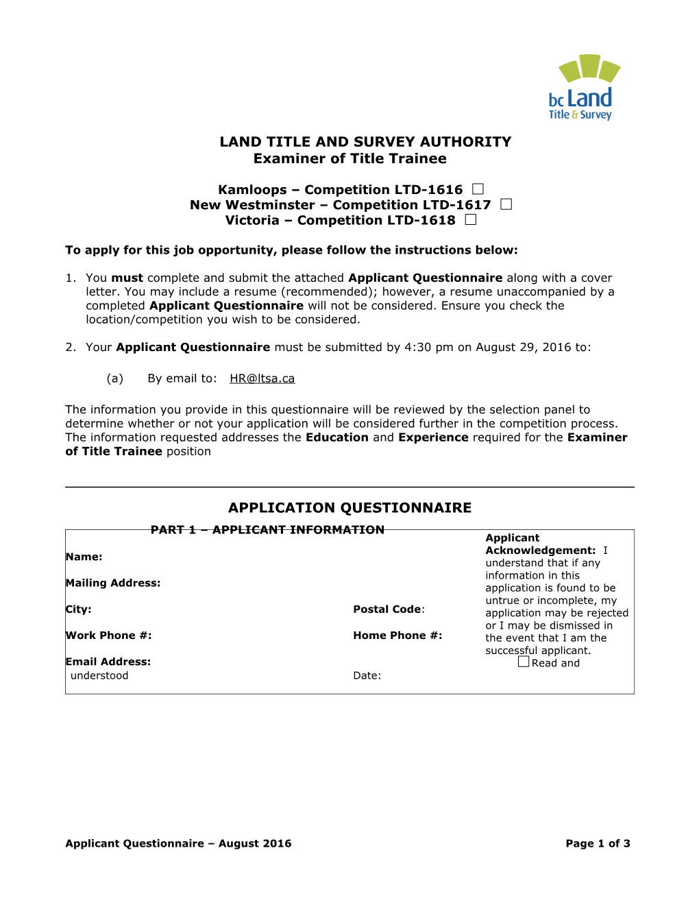 Land Title and Survey Authority Examiner of Title Trainee