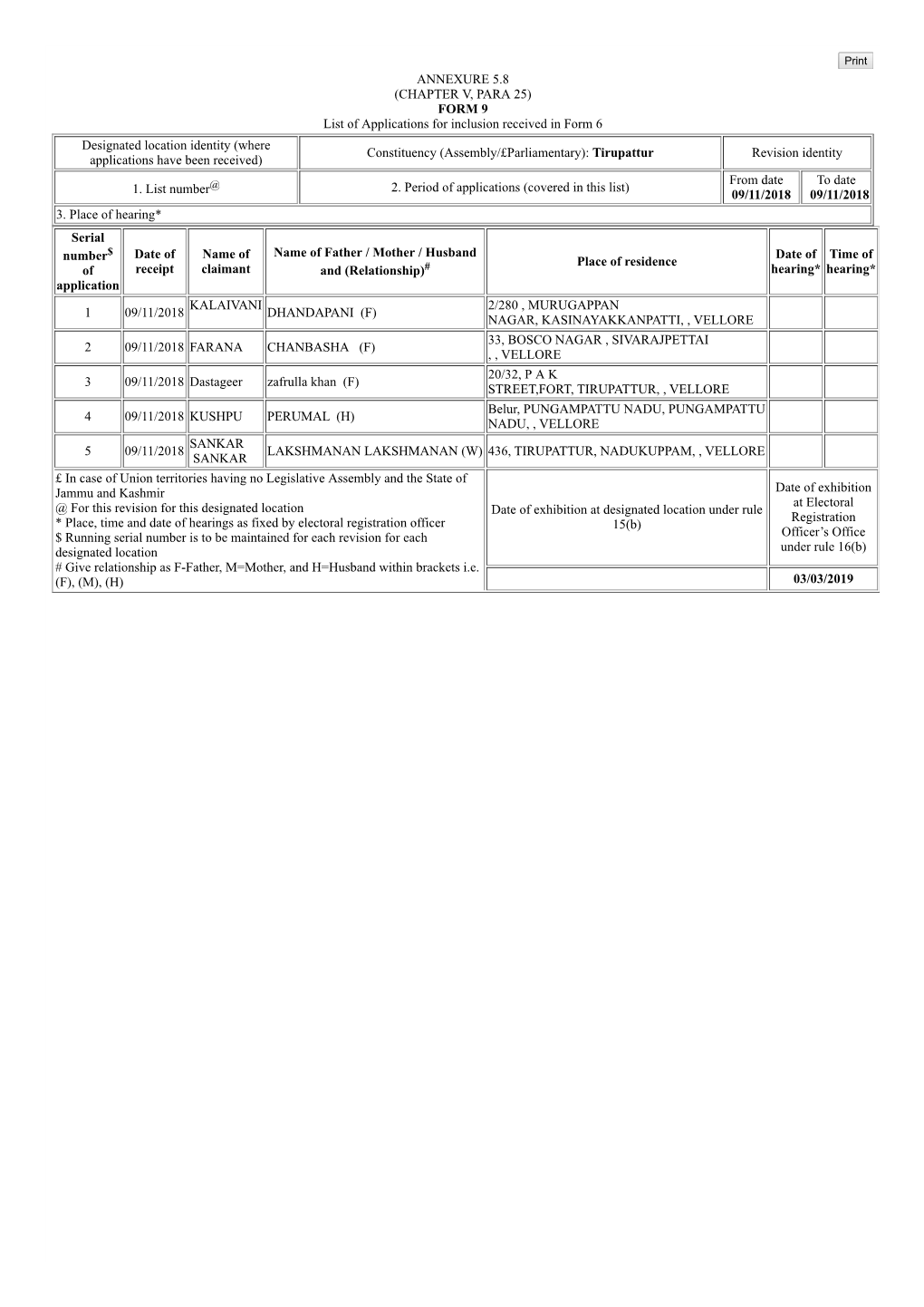 ANNEXURE 5.8 (CHAPTER V, PARA 25) FORM 9 List of Applications For