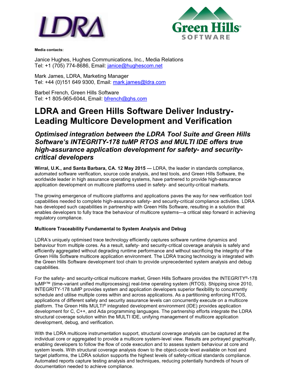LDRA and Green Hills Software Deliver Industry- Leading Multicore Development and Verification