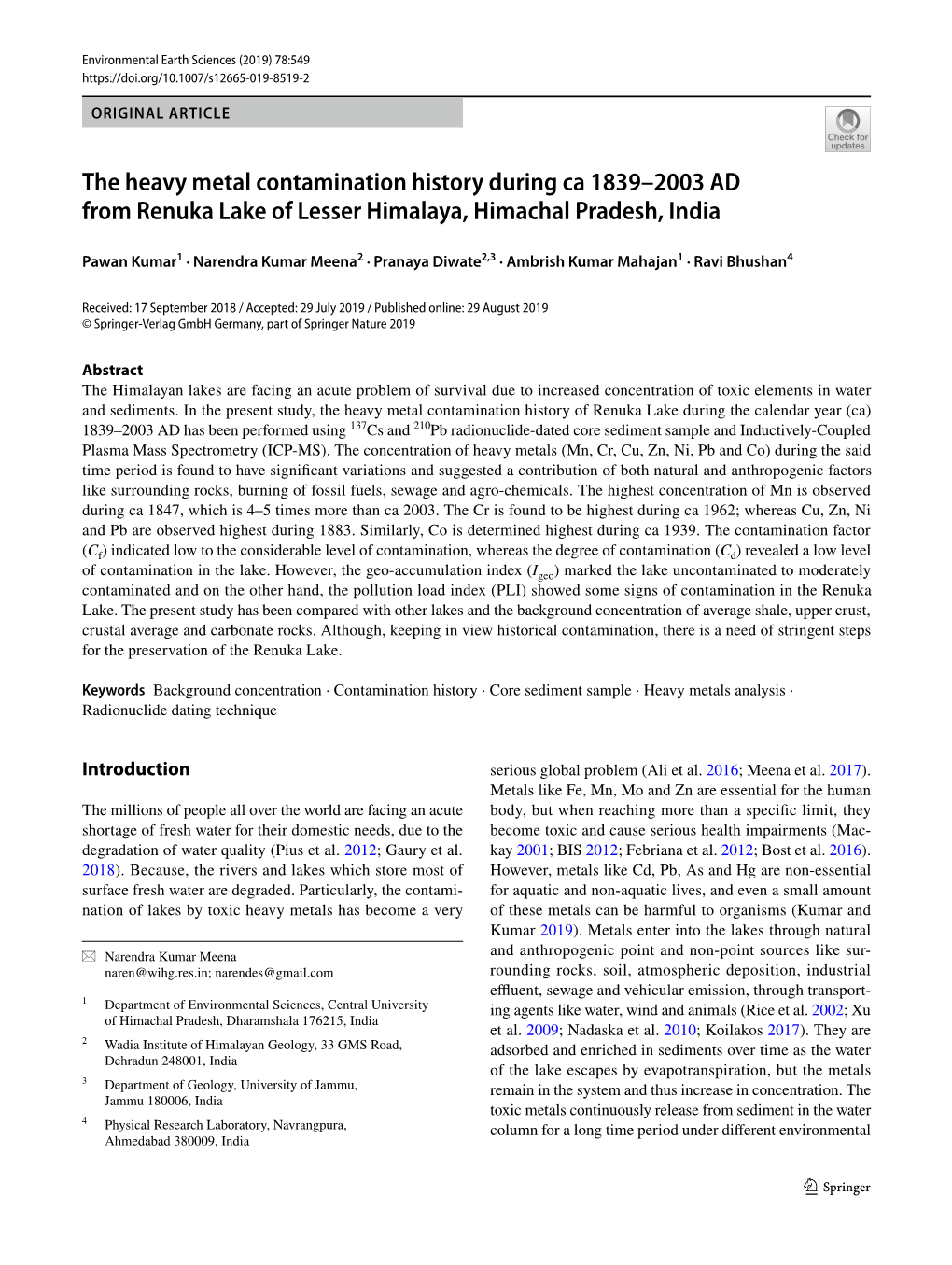 The Heavy Metal Contamination History During Ca 1839–2003 AD from Renuka Lake of Lesser Himalaya, Himachal Pradesh, India