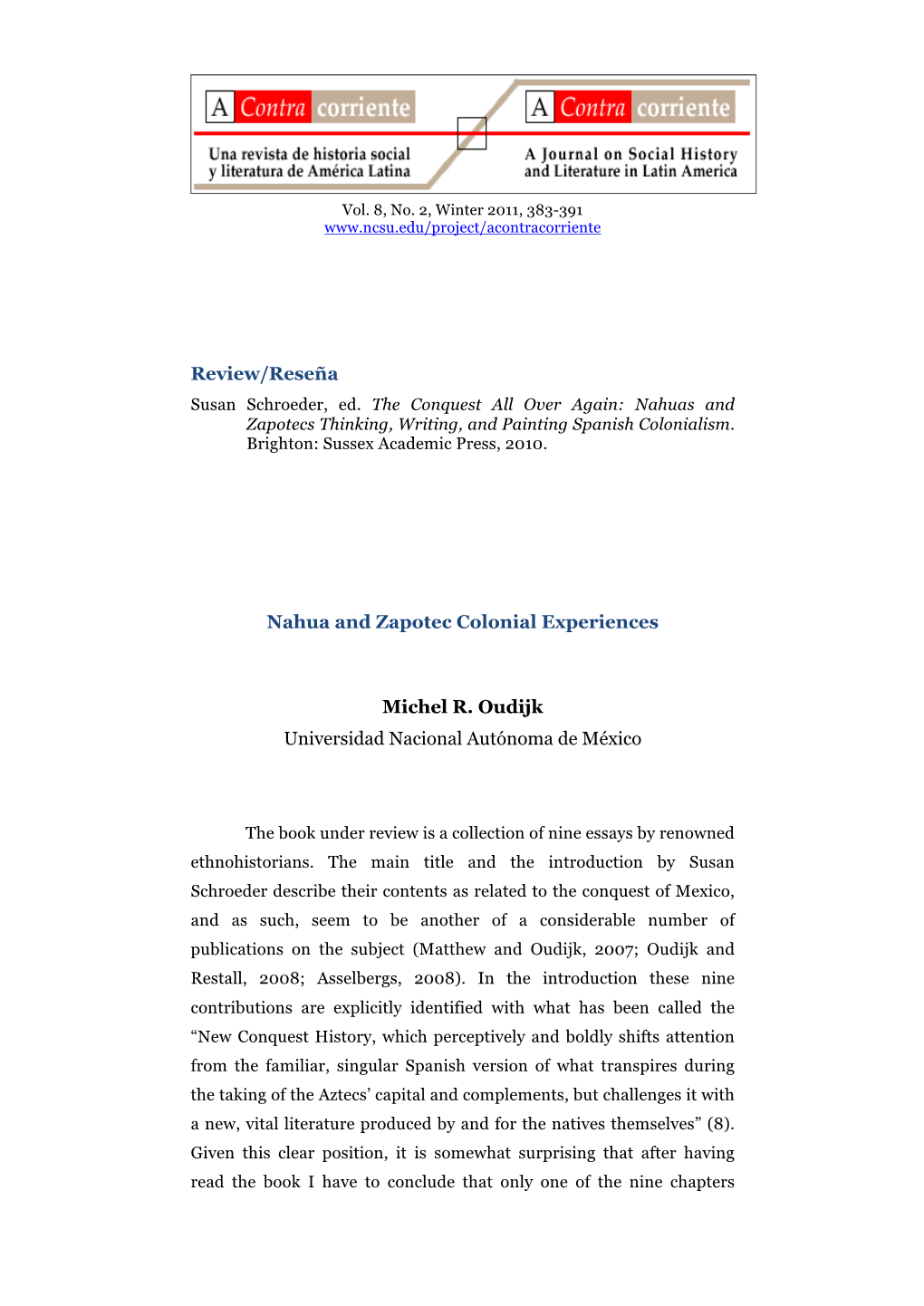 Review/Reseña Nahua and Zapotec Colonial Experiences Michel R