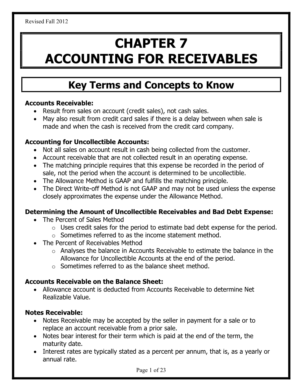 Chapter 7 Accounting for Receivables