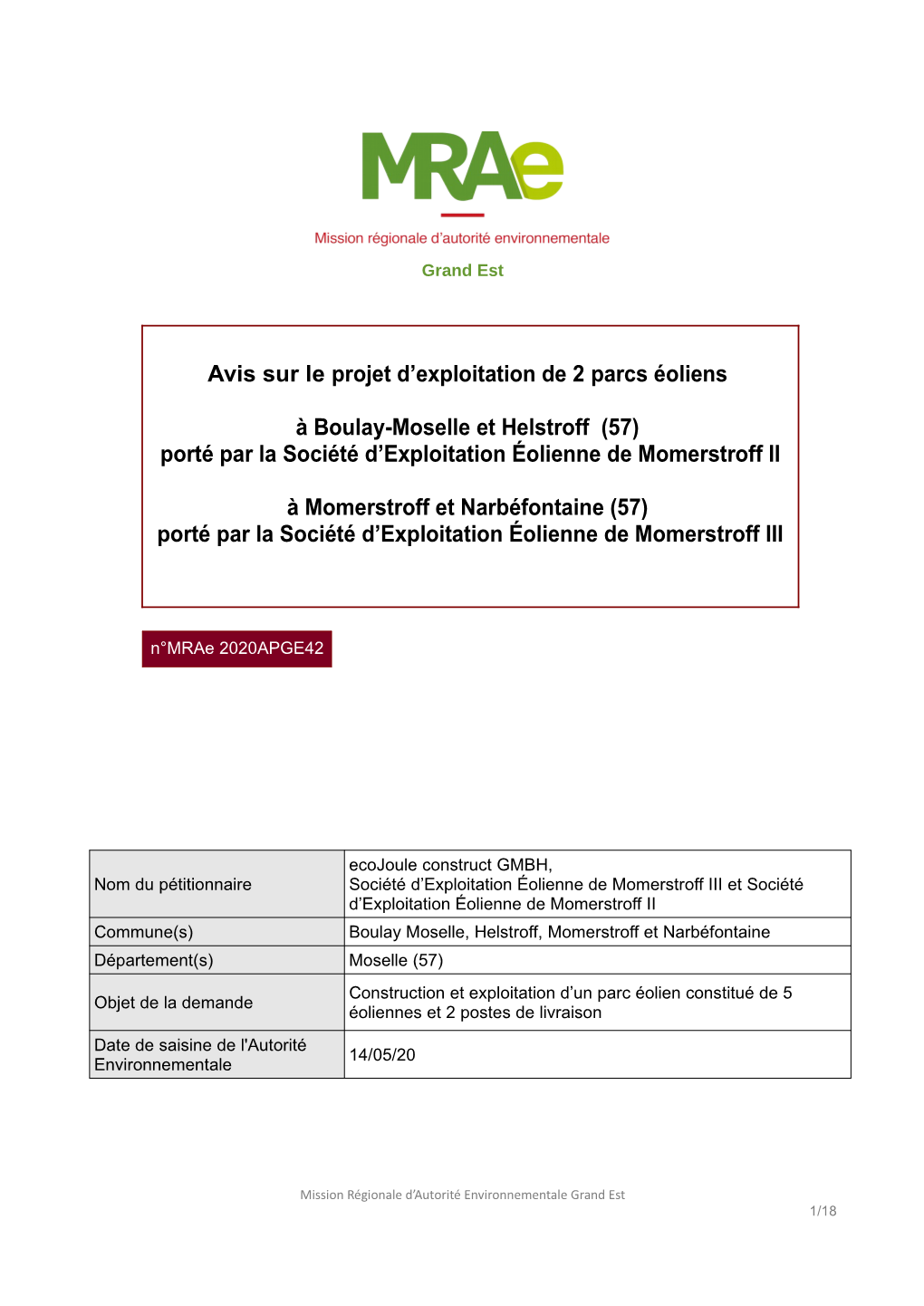 Avis Sur Le Projet D'exploitation De 2 Parcs Éoliens