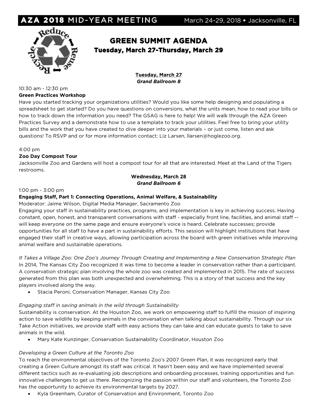 GREEN SUMMIT AGENDA Tuesday, March 27-Thursday, March 29