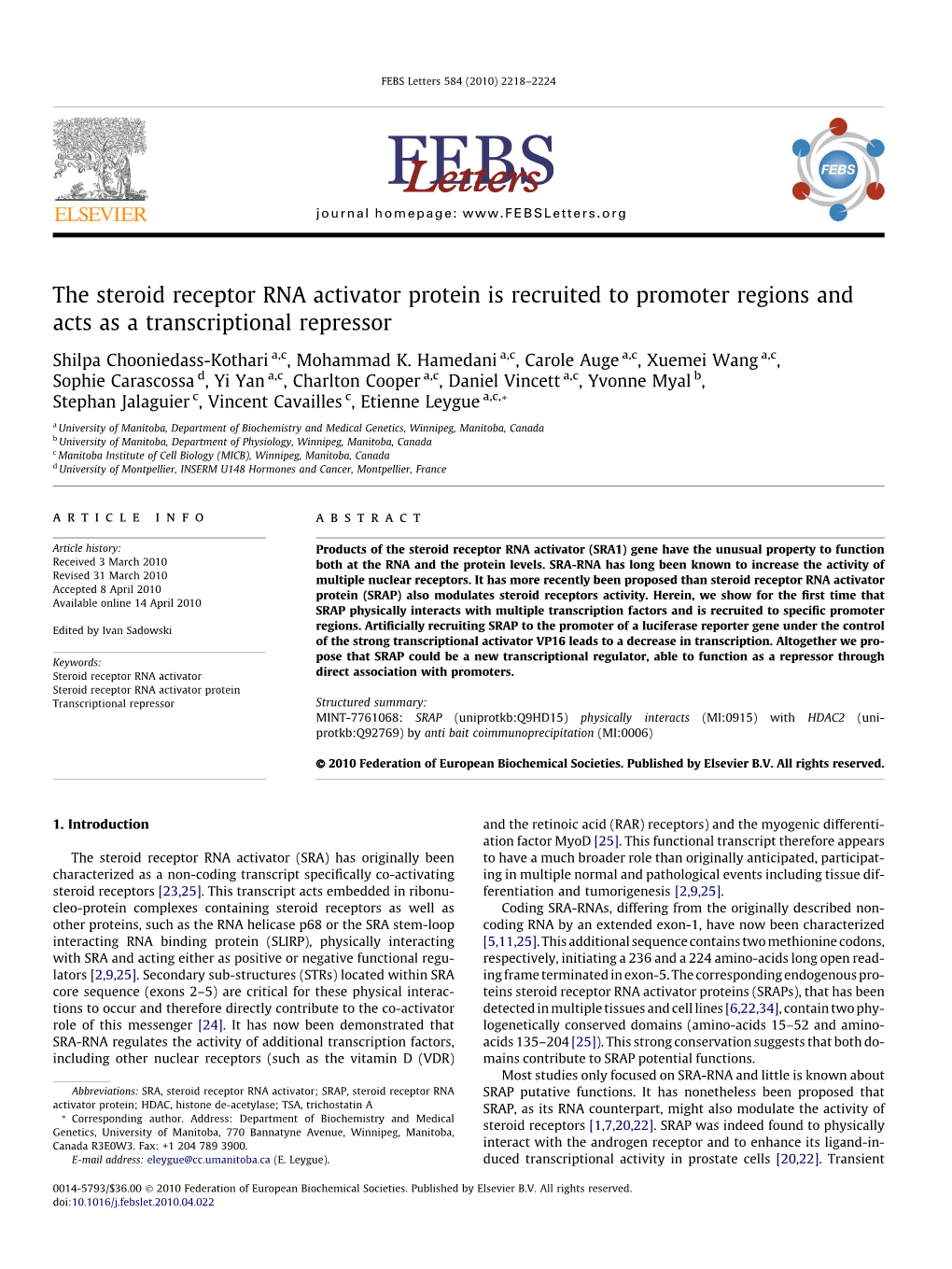 The Steroid Receptor RNA Activator Protein Is Recruited to Promoter Regions and Acts As a Transcriptional Repressor