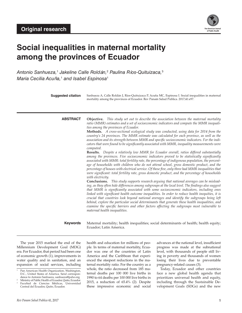 Social Inequalities in Maternal Mortality Among the Provinces of Ecuador