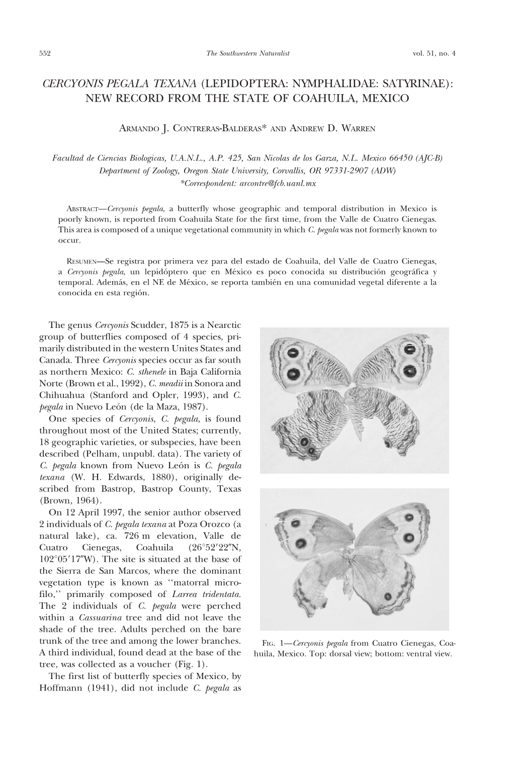 Cercyonis Pegala Texana (Lepidoptera: Nymphalidae: Satyrinae): New Record from the State of Coahuila, Mexico