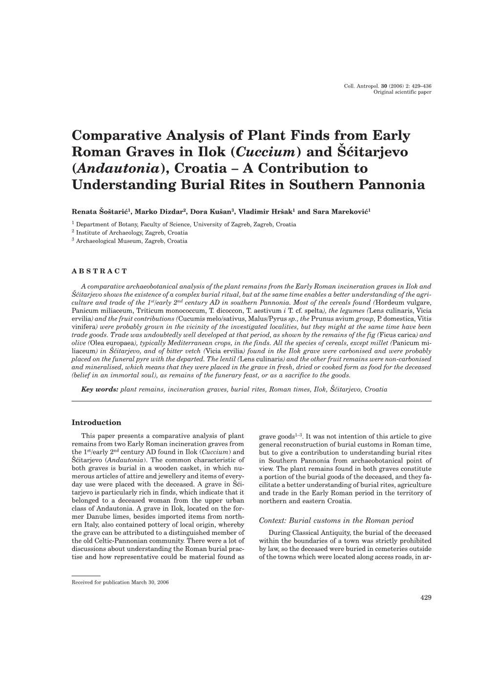 Comparative Analysis of Plant Finds from Early Roman Graves in Ilok