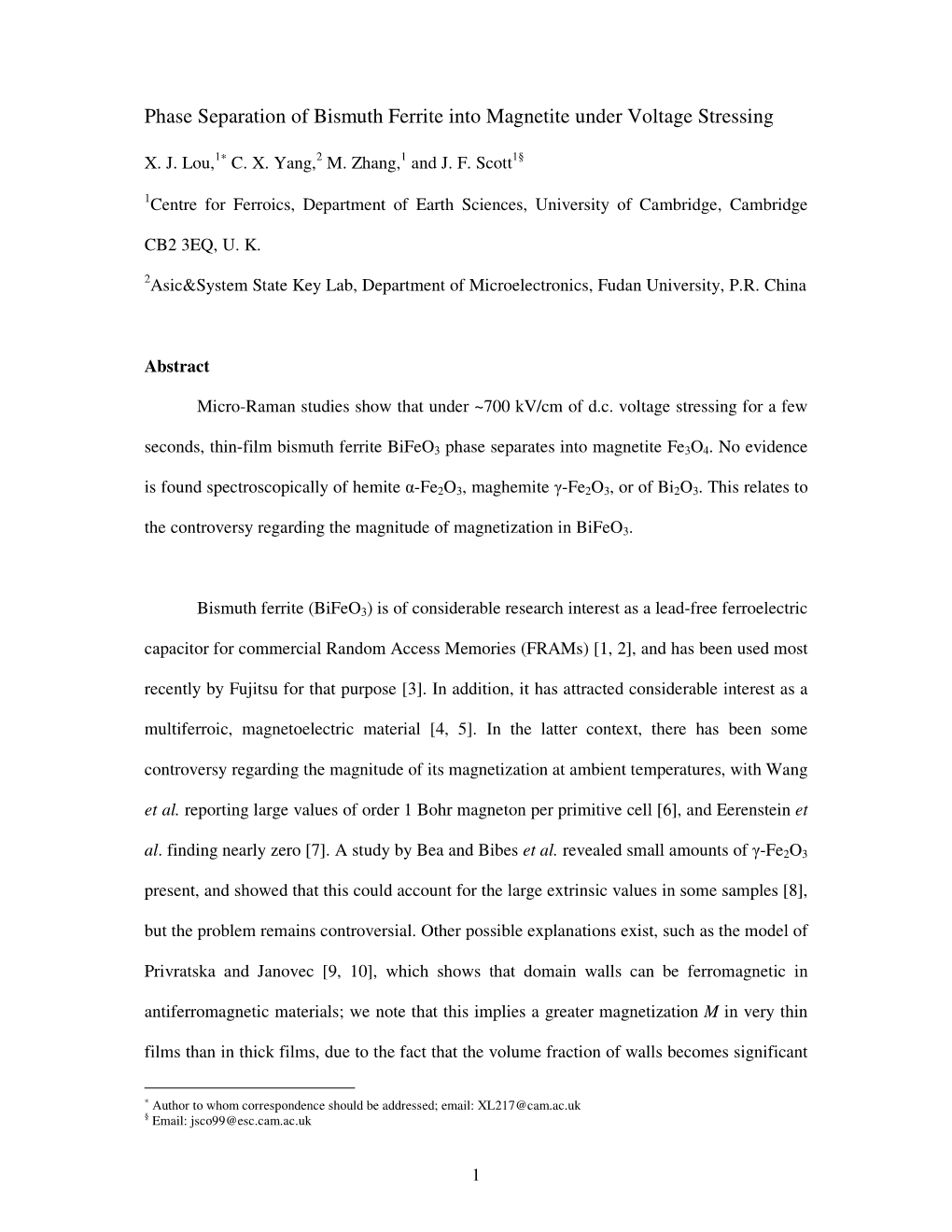 Phase Separation of Bismuth Ferrite Into Magnetite Under Voltage Stressing