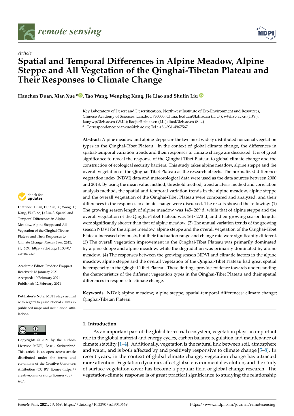 Spatial and Temporal Differences in Alpine Meadow, Alpine Steppe and All Vegetation of the Qinghai-Tibetan Plateau and Their Responses to Climate Change