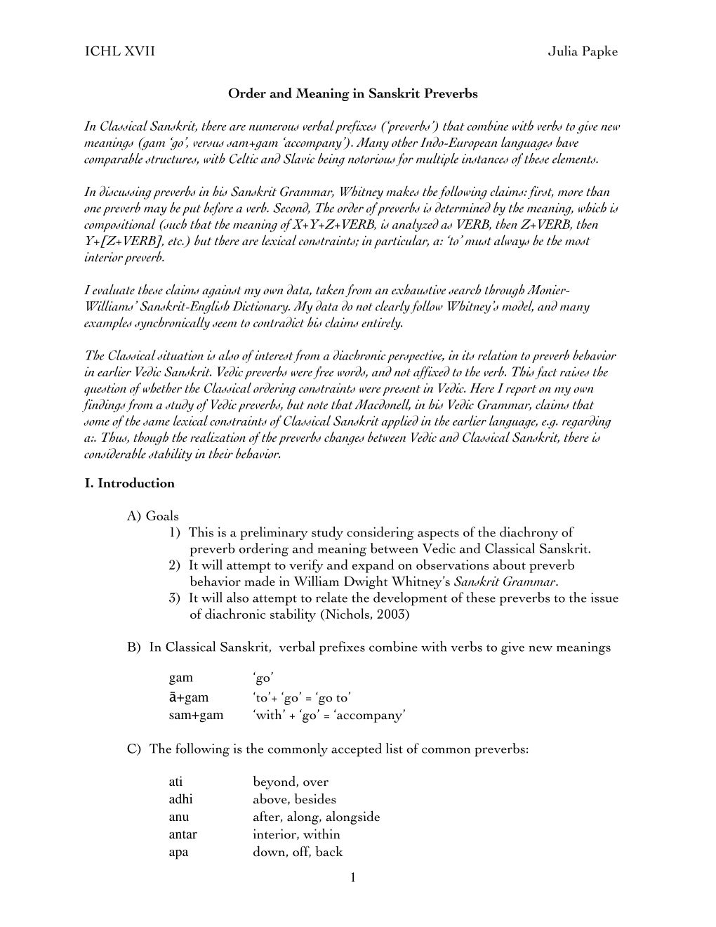 Order and Meaning in Sanskrit Preverbs