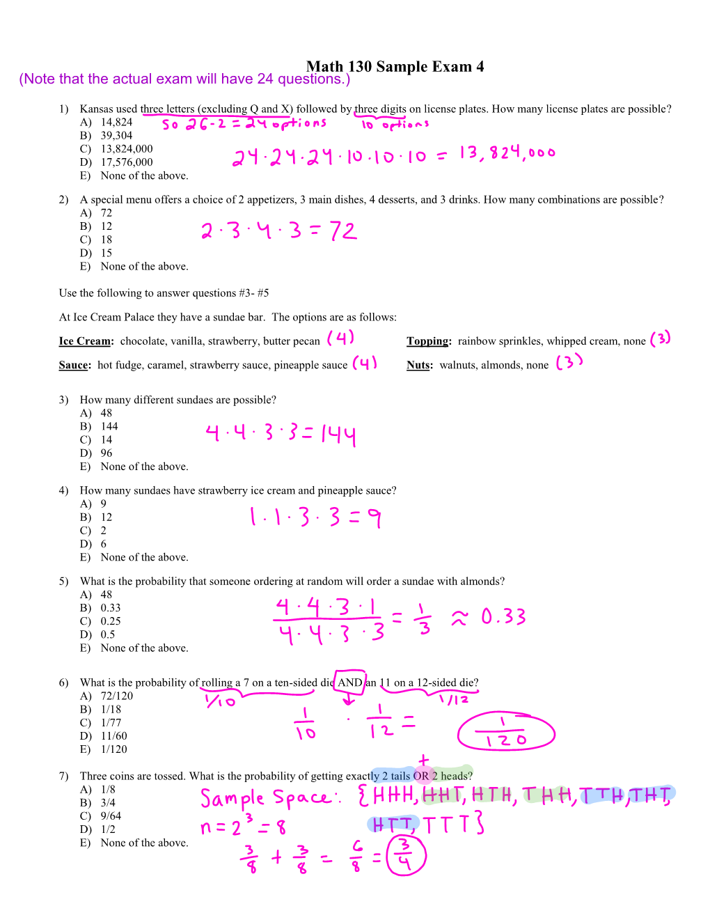 Math 130 Sample Exam 4 (Note That the Actual Exam Will Have 24 Questions.)
