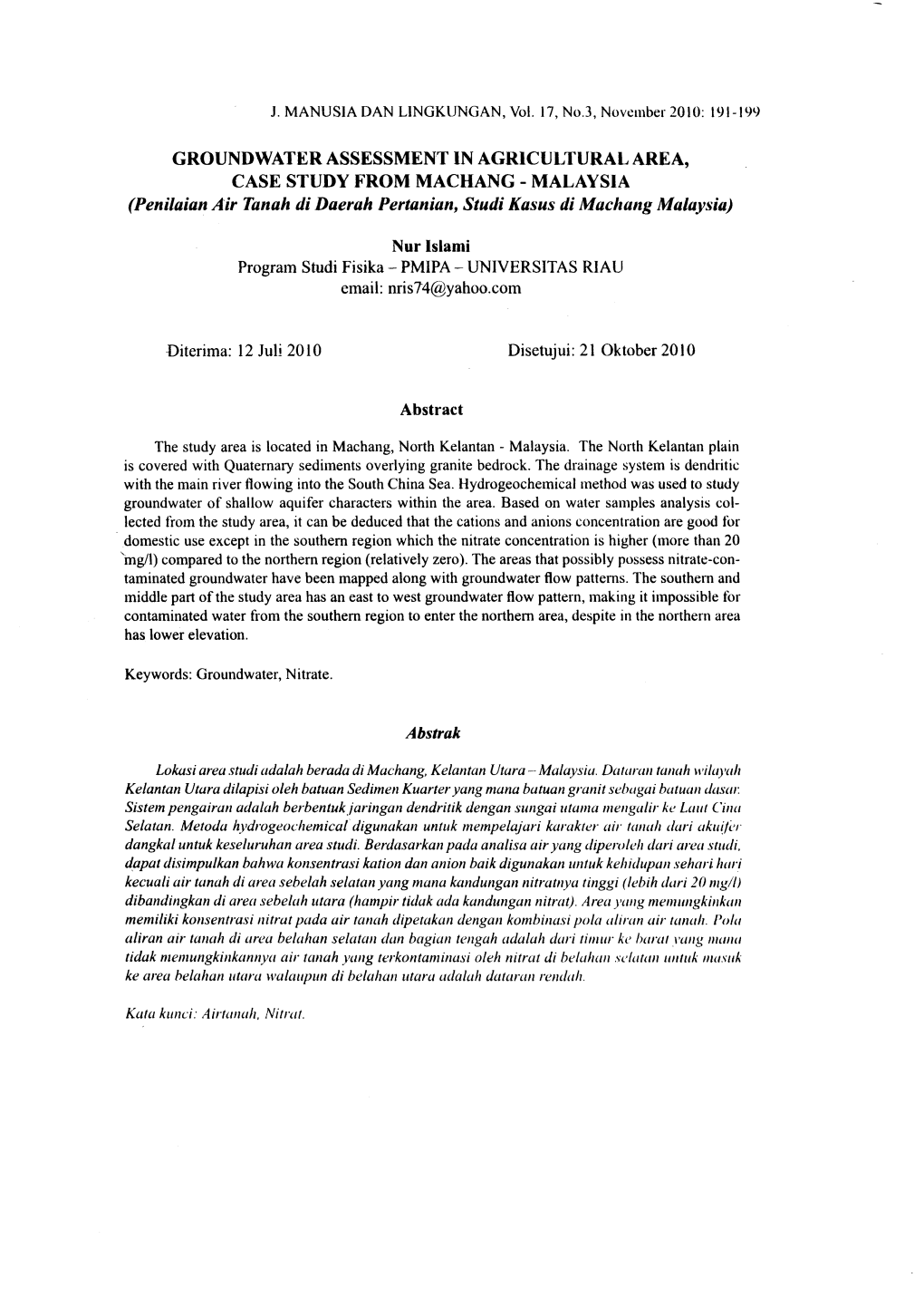 CASE STUDY from MACHANG - MALAYSIA (Penilaian Air Tanah Di Dserah Pertanian, Studi Kasus Di Machang Malaysia)