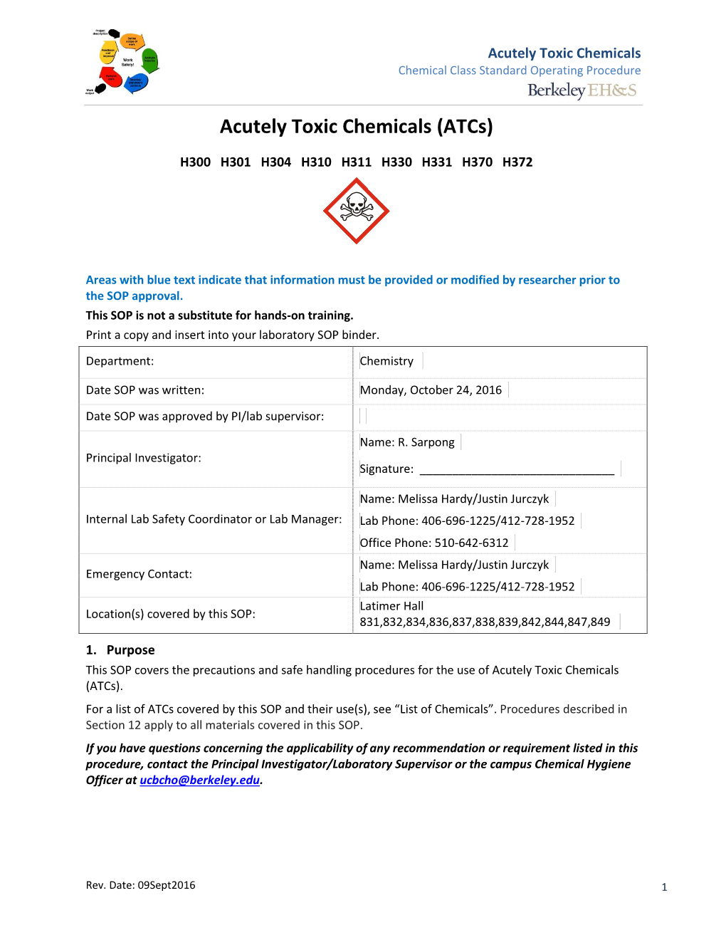 Acutely Toxic Chemicals Chemical Class Standard Operating Procedure