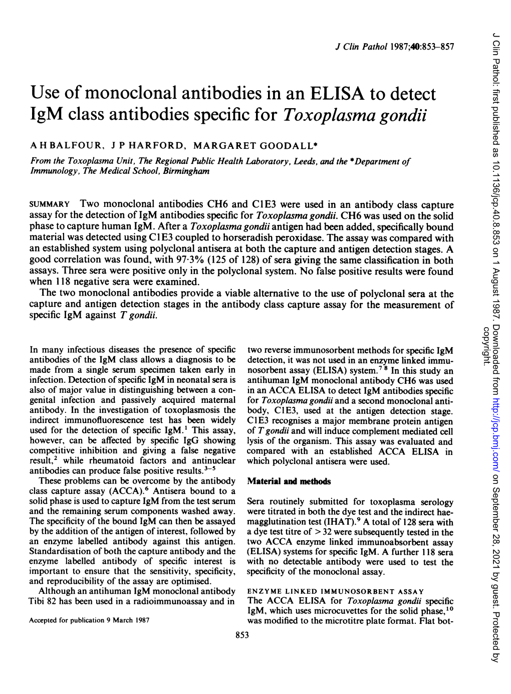 Use of Monoclonal Antibodies in an ELISA to Detect Igm Class Antibodies Specific for Toxoplasma Gondii
