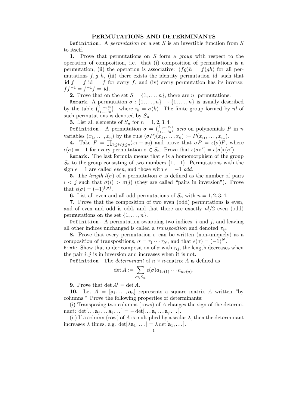 PERMUTATIONS and DETERMINANTS Definition