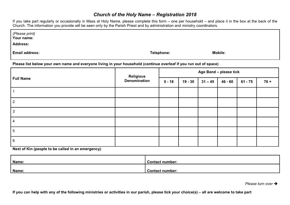 Church of the Holy Name Registration 2018