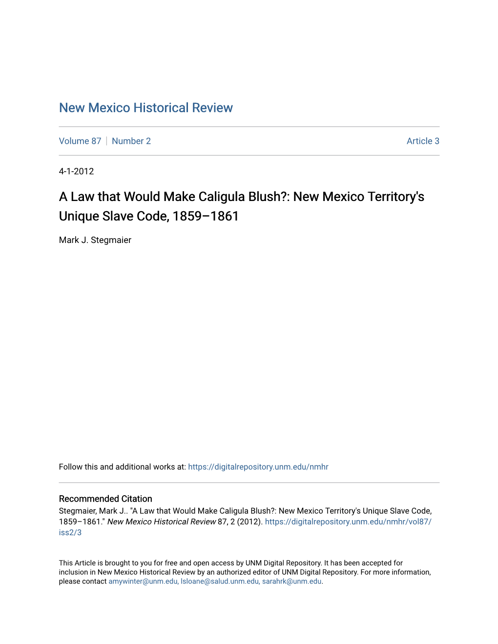 A Law That Would Make Caligula Blush?: New Mexico Territory's Unique Slave Code, 1859–1861