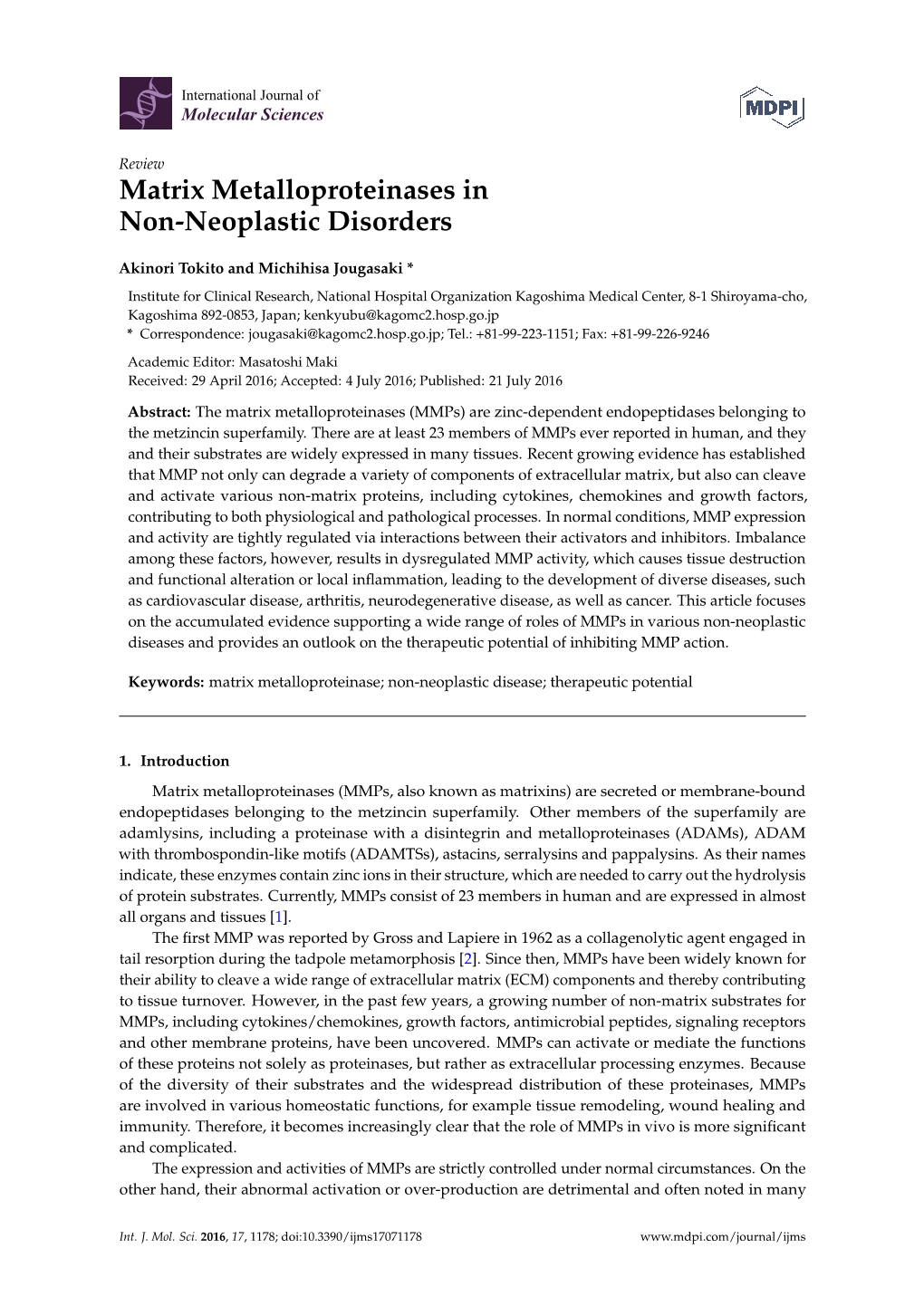 Matrix Metalloproteinases in Non-Neoplastic Disorders