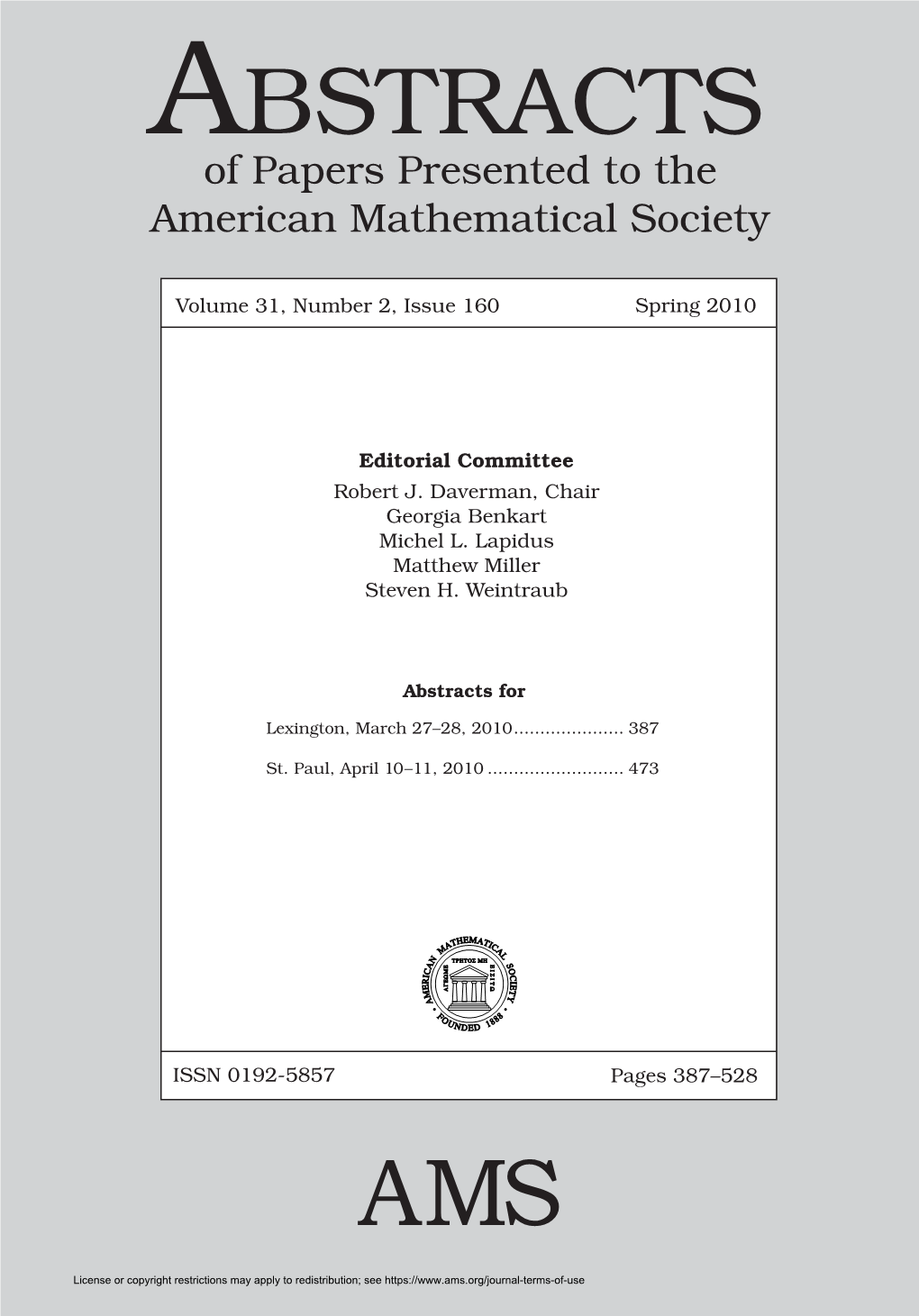 ABSTRACTS Mailing Ofﬁ MATHEMATICS and Additional of Papers Presented to the Periodicals Postage 2010