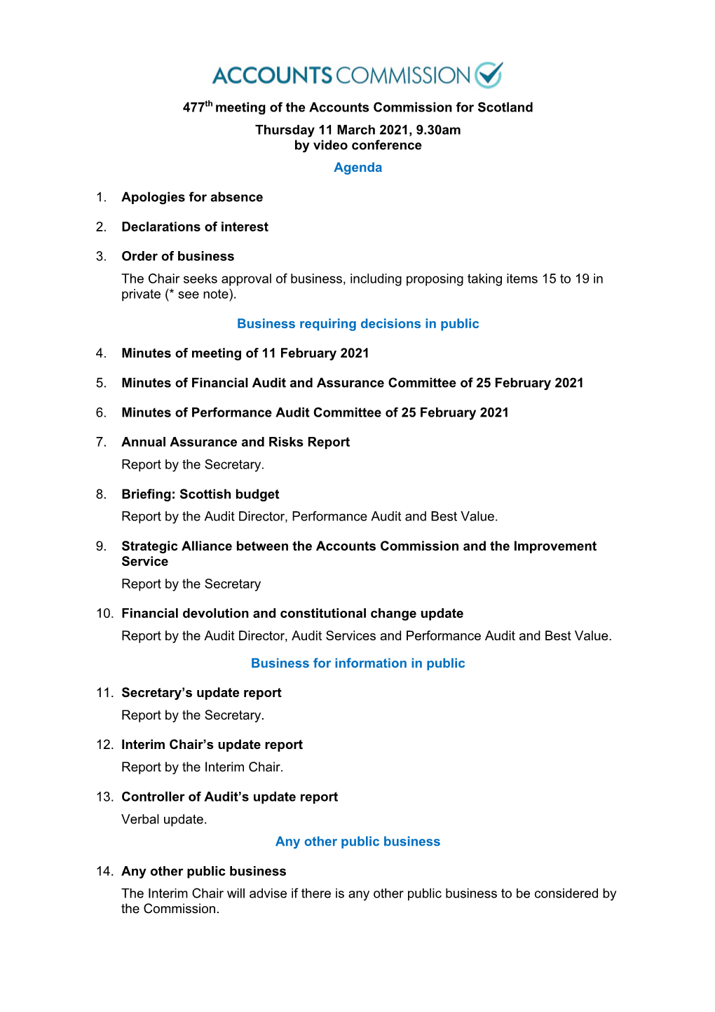 Accounts Commission Meeting Papers: 11Th March 2021