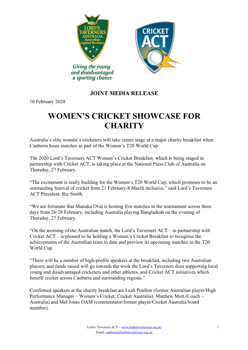 Women's Cricket Showcase for Charity