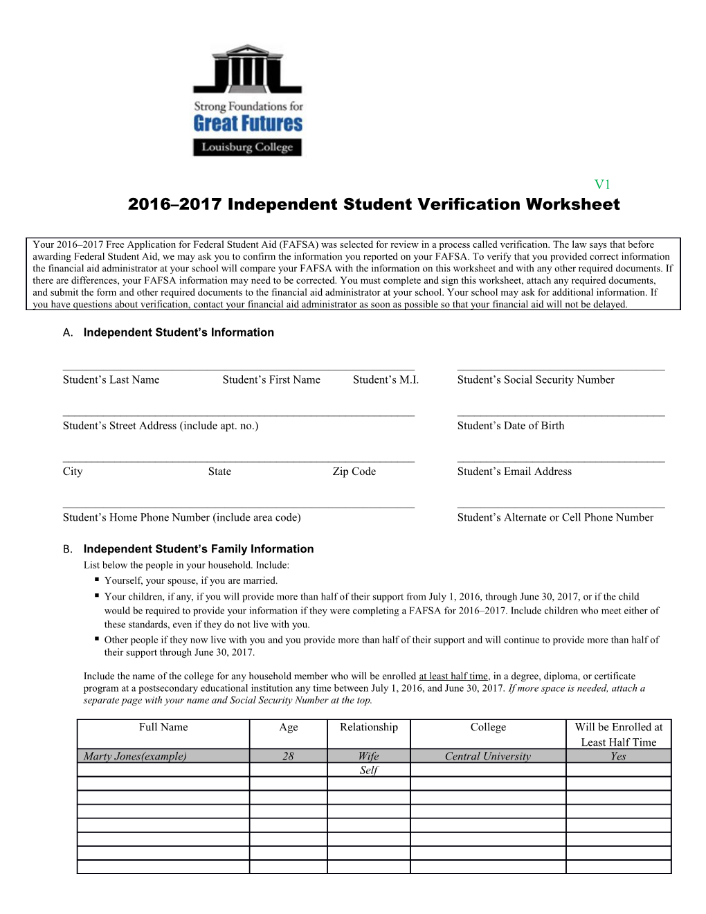 2016 2017 Independent Student Verification Worksheet