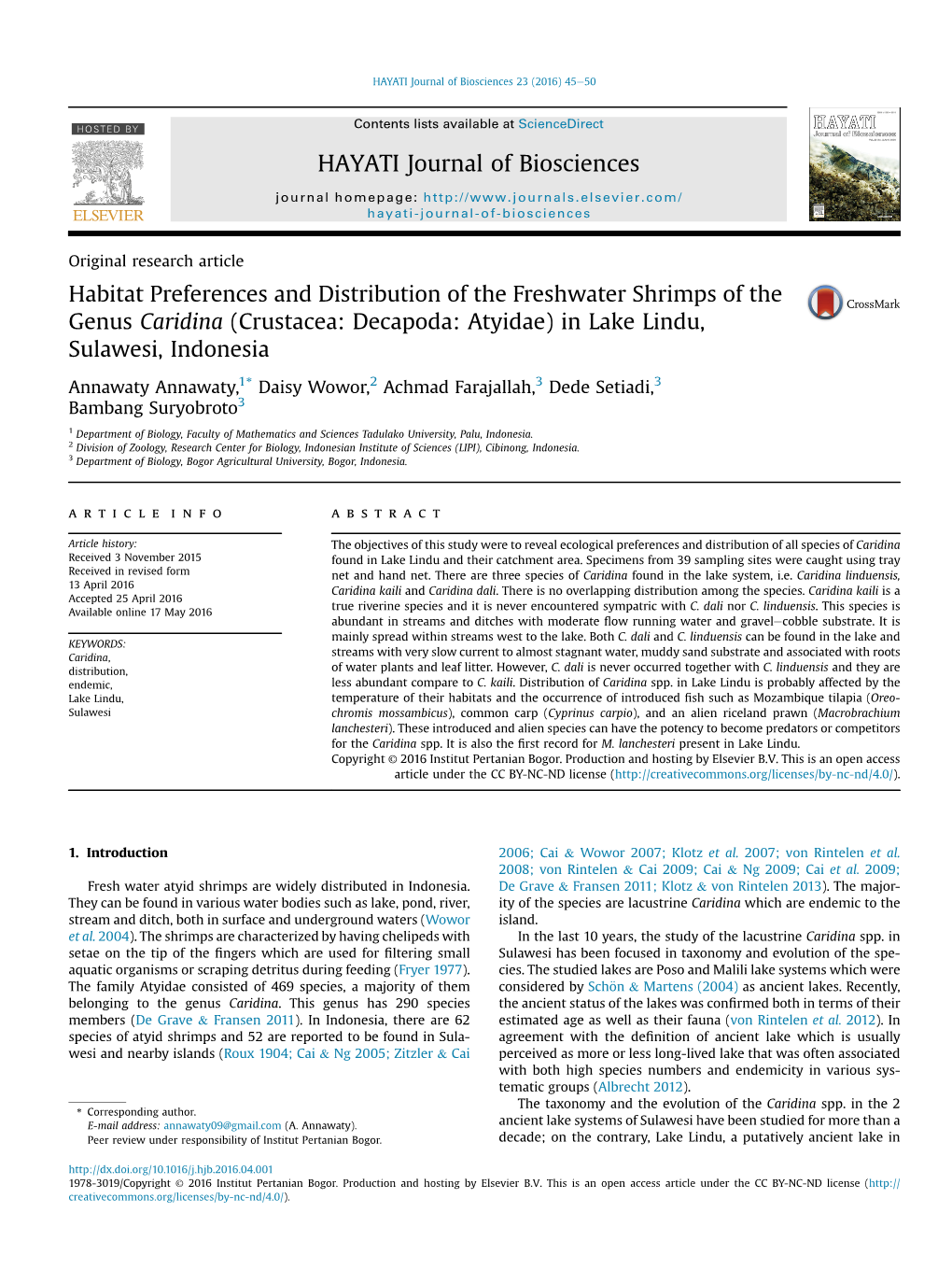 Habitat Preferences and Distribution of the Freshwater Shrimps of the Genus Caridina (Crustacea: Decapoda: Atyidae) in Lake Lindu, Sulawesi, Indonesia