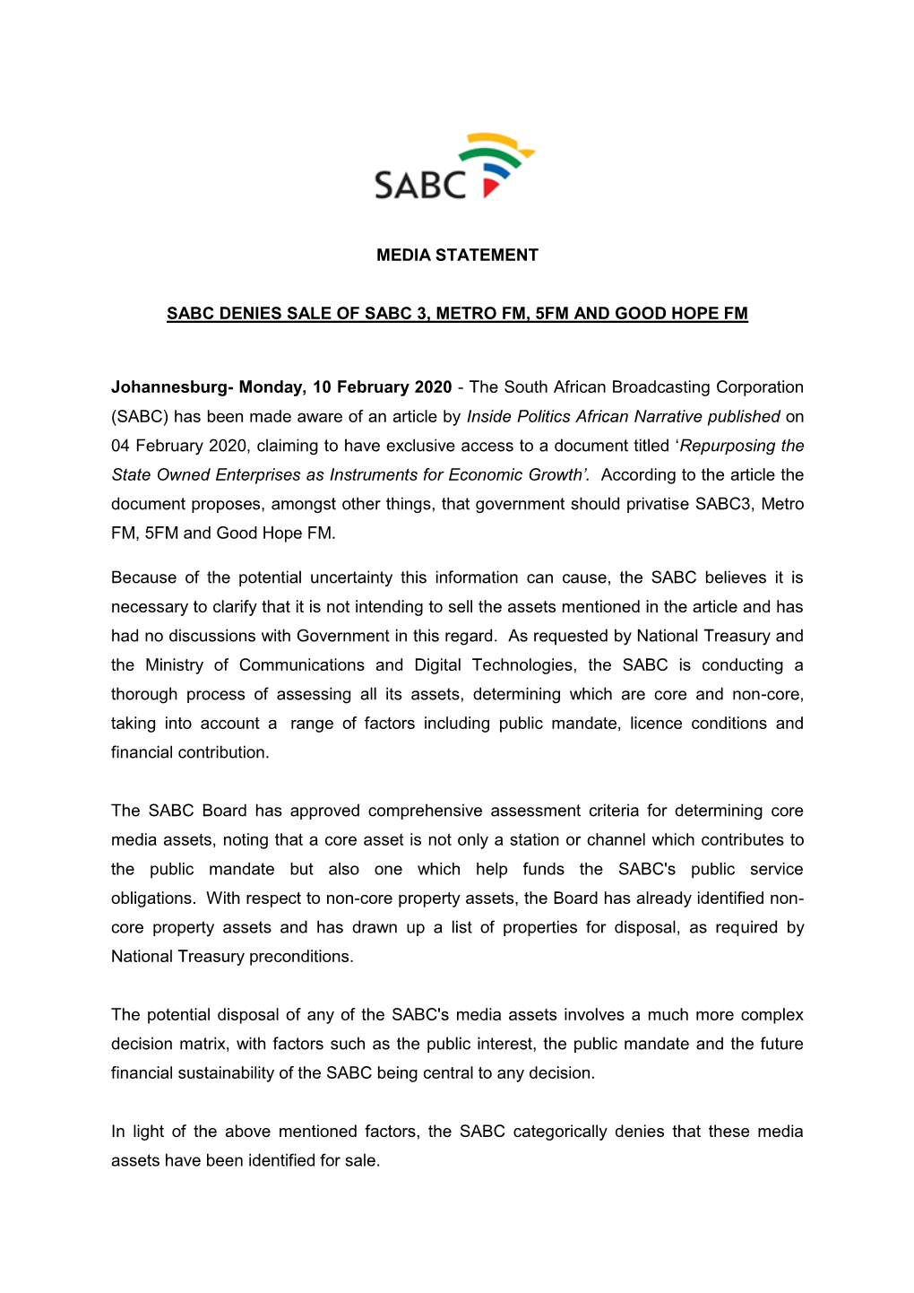 Sabc Denies Sale of Sabc 3, Metro Fm, 5Fm and Good Hope Fm