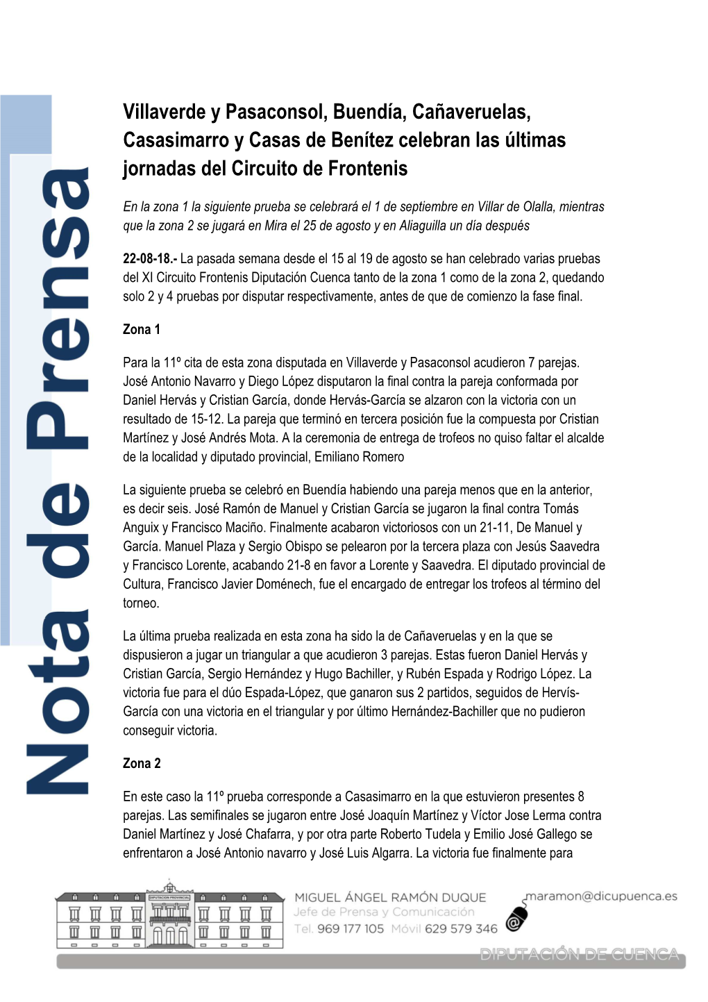 Villaverde Y Pasaconsol, Buendía, Cañaveruelas, Casasimarro Y Casas De Benítez Celebran Las Últimas Jornadas Del Circuito De Frontenis