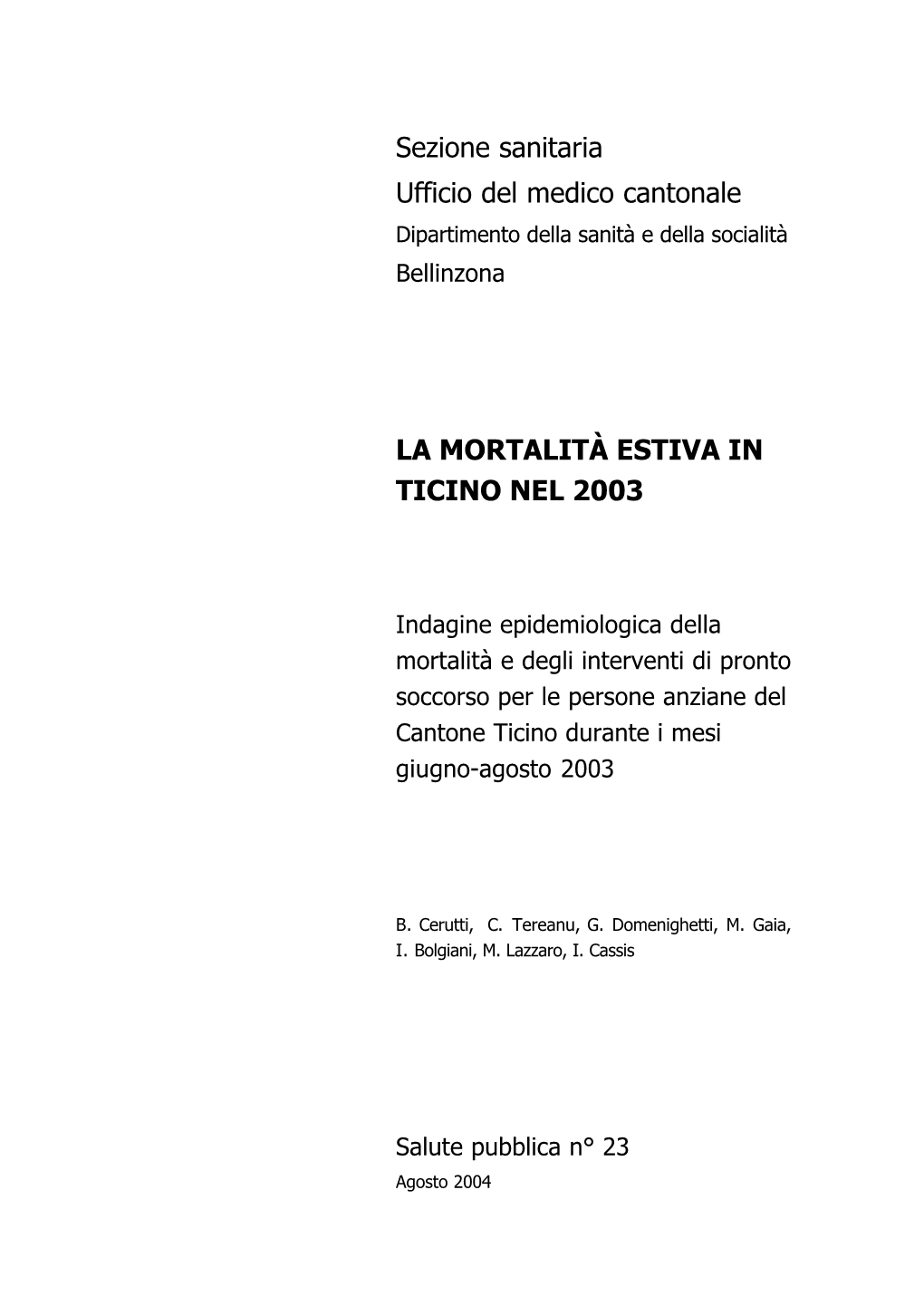 Mortalità Estiva in Ticino Nel 2003