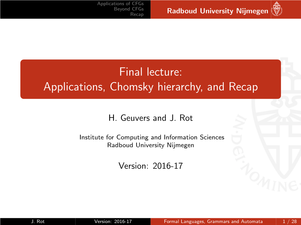 Final Lecture: Applications, Chomsky Hierarchy, and Recap