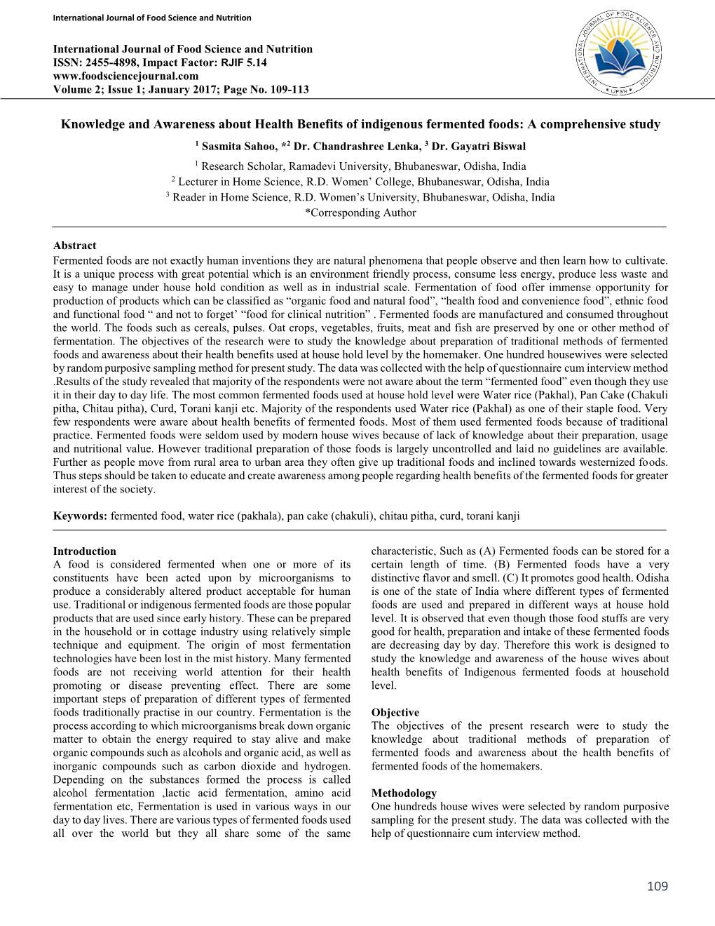 Knowledge and Awareness About Health Benefits of Indigenous Fermented Foods: a Comprehensive Study 1 Sasmita Sahoo, *2 Dr