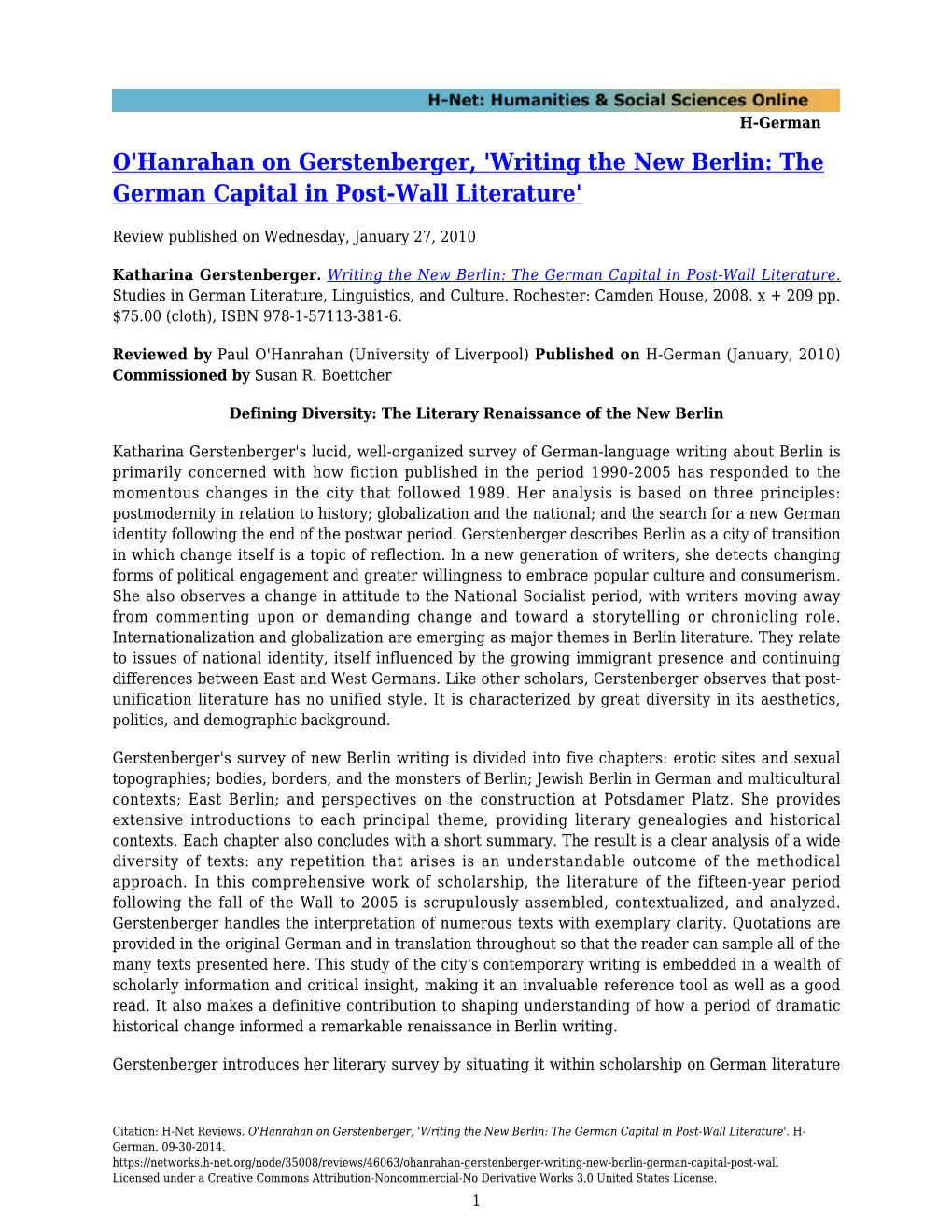 O'hanrahan on Gerstenberger, 'Writing the New Berlin: the German Capital in Post-Wall Literature'