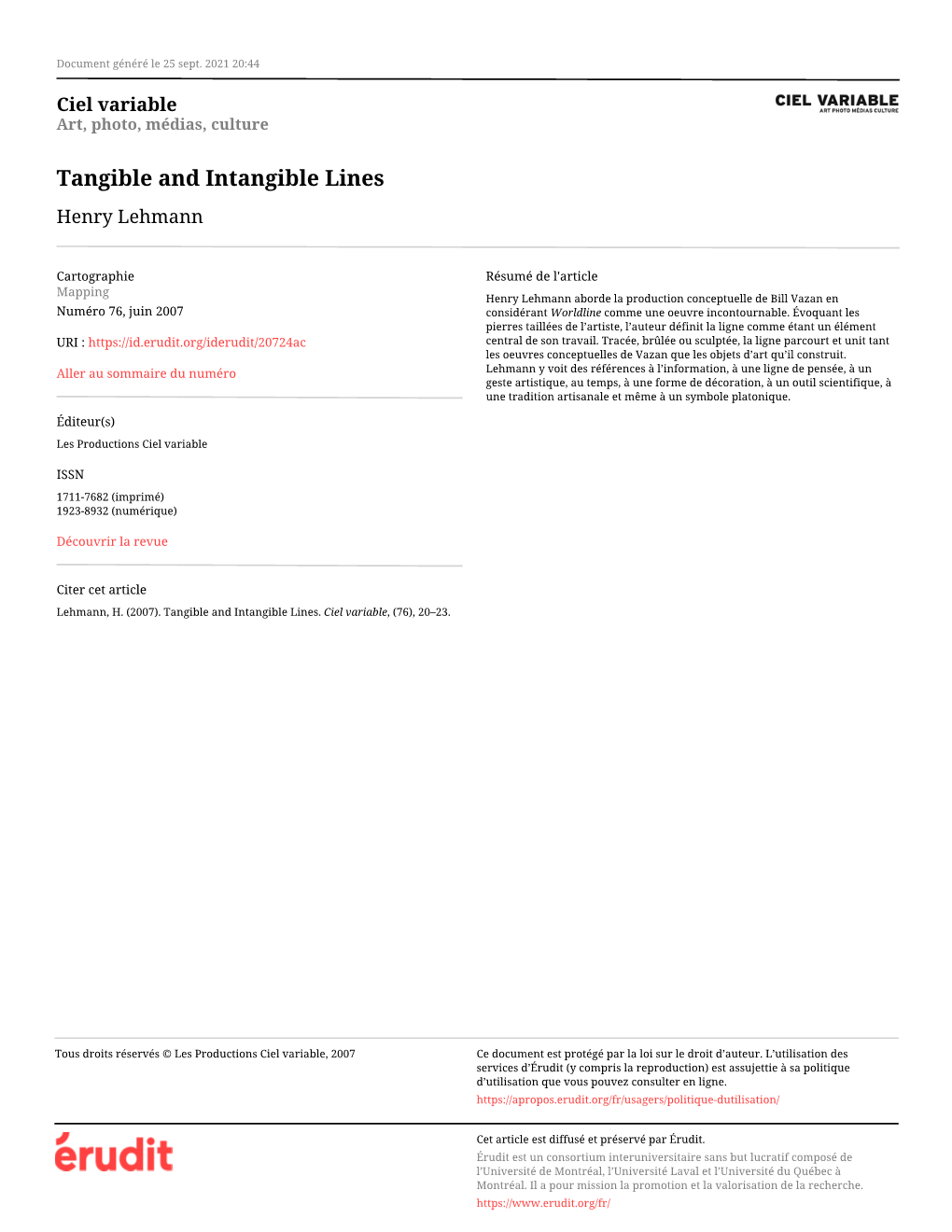 Tangible and Intangible Lines Henry Lehmann