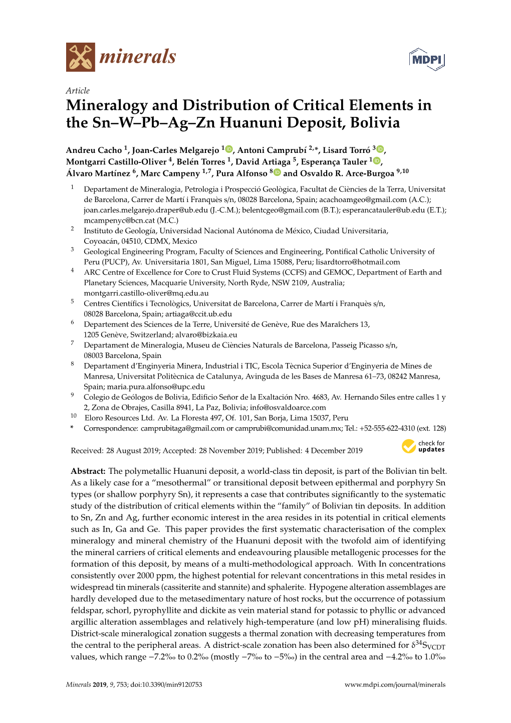 Mineralogy and Distribution of Critical Elements in the Sn–W–Pb–Ag–Zn Huanuni Deposit, Bolivia