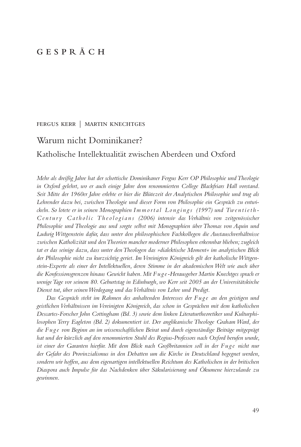 Warum Nicht Dominikaner? Katholische Intellektualität Zwischen Aberdeen Und Oxford