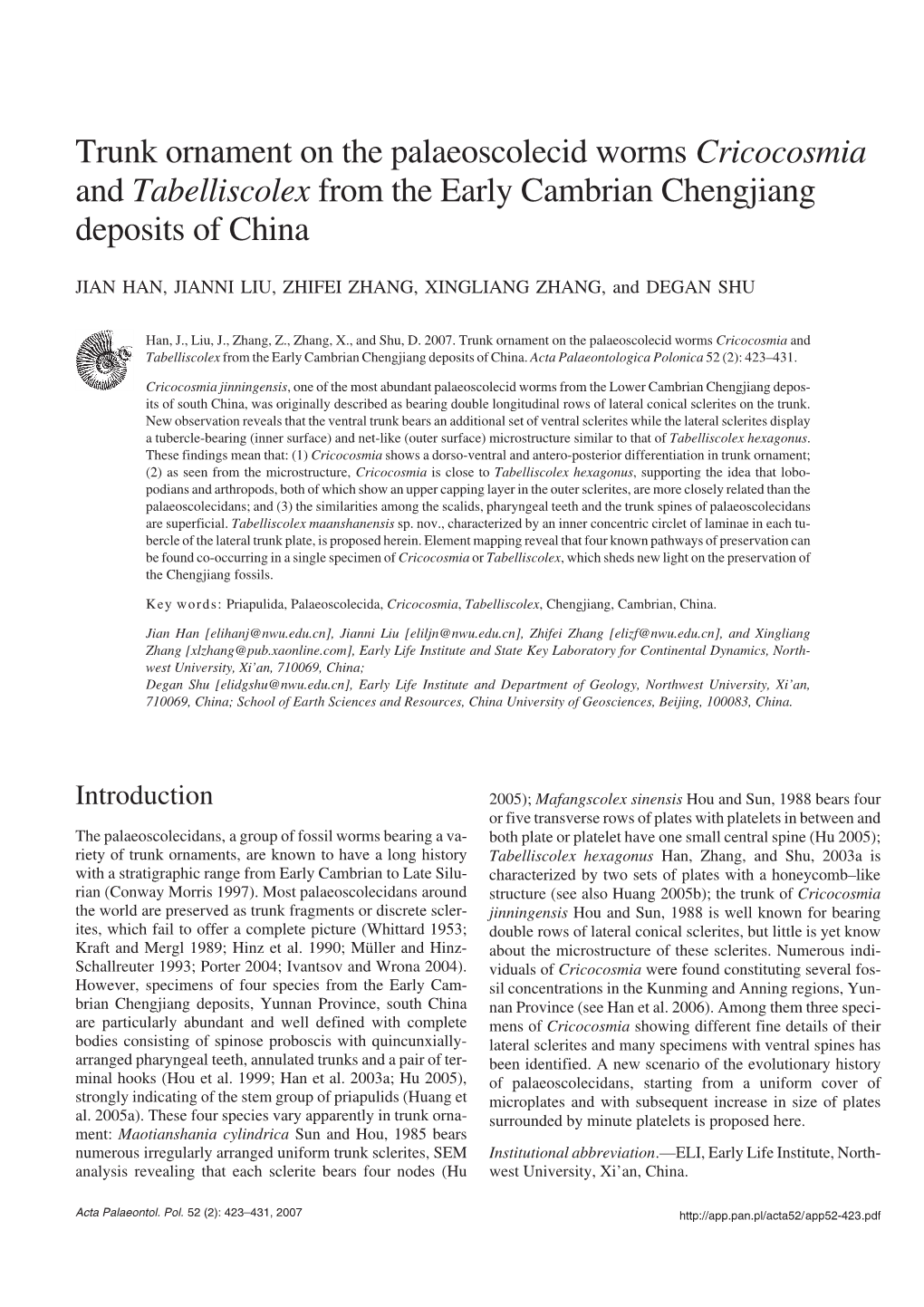 Trunk Ornament on the Palaeoscolecid Worms Cricocosmia and Tabelliscolex from the Early Cambrian Chengjiang Deposits of China