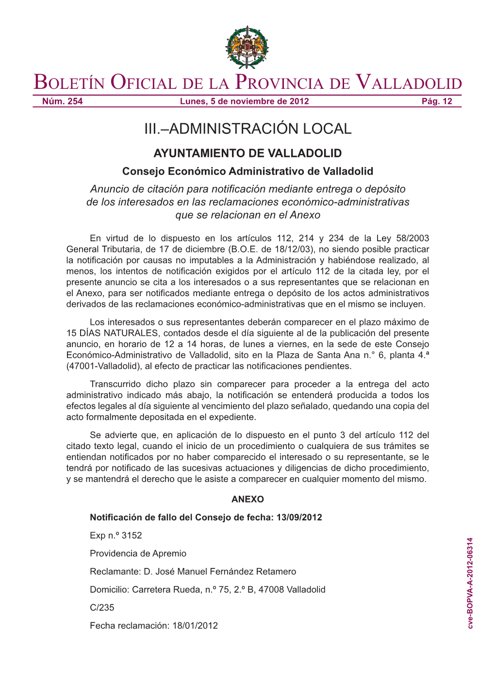 Boletín Oficial De La Provincia De Valladolid Núm