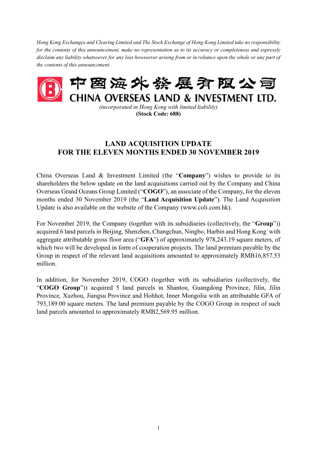 Land Acquisition Update for the Eleven Months Ended 30 November 2019