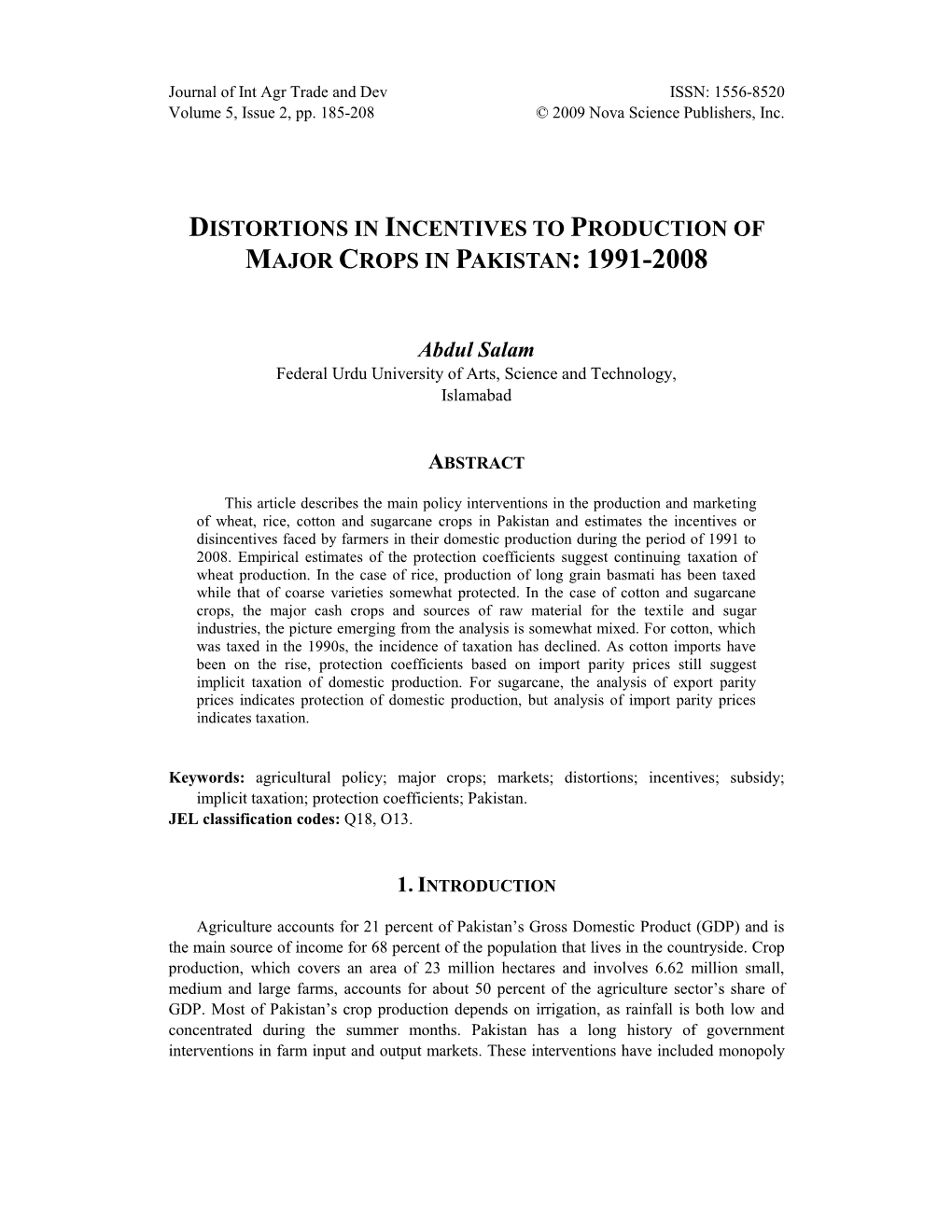 Distortions in Incentives to Production of Major Crops in Pakistan: 1991-2008